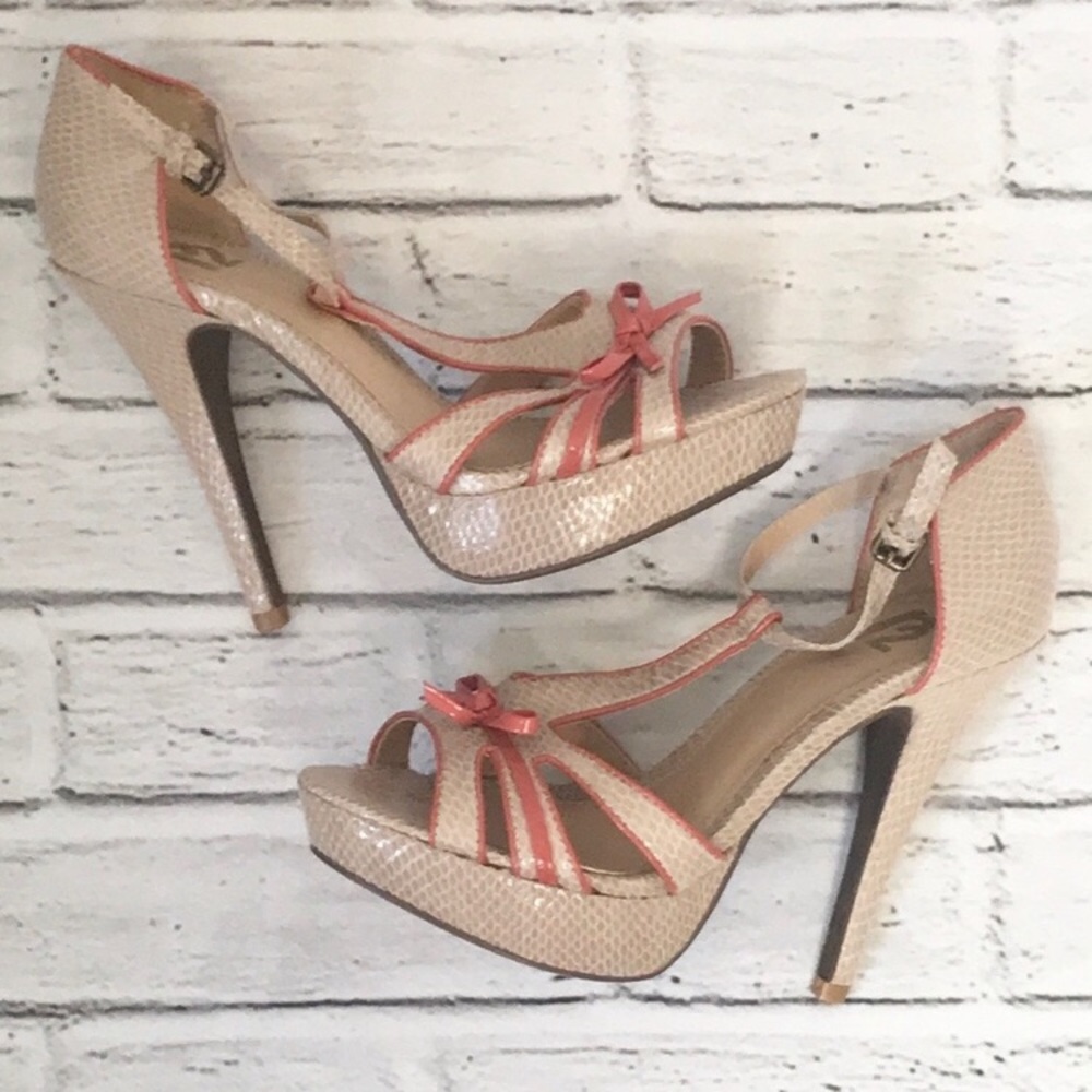 Tan and Coral T-Strap Heel